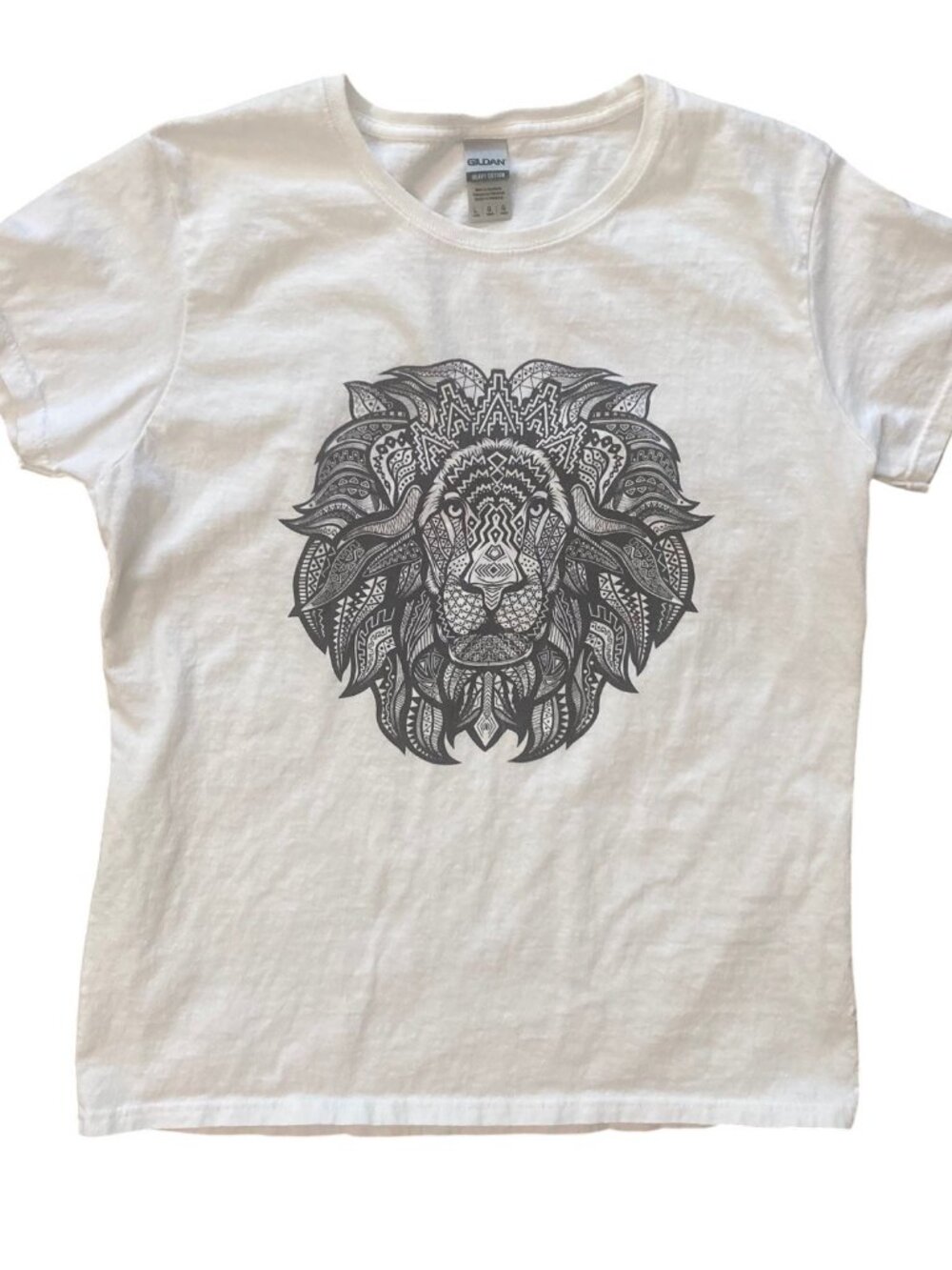 Women's Tribal Lion Face Graphic Tee T-Shirt WHITE Size Large